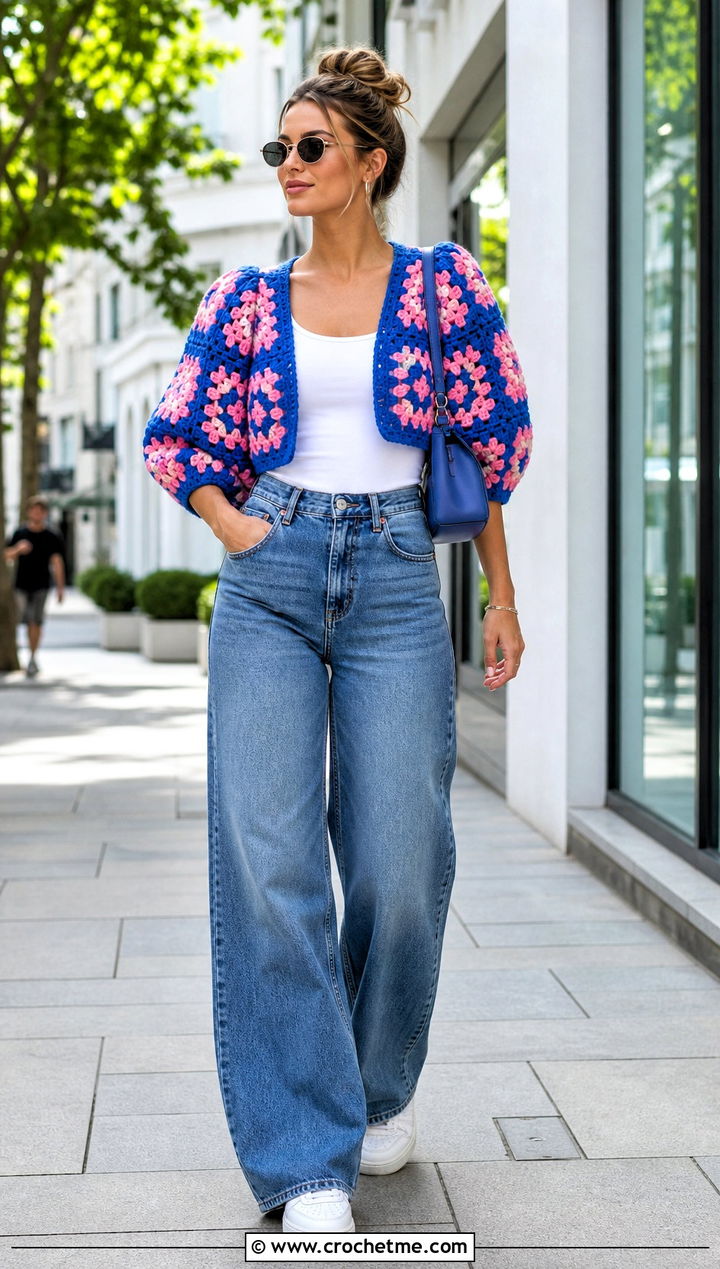Cropped Granny Square Puff Sleeve Crochet Cardigan With Wide Leg Jeans - 25 Puff Sleeve Crochet Cardigan outfit ideas