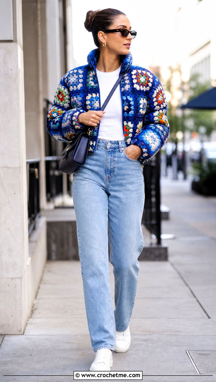 Cropped Granny Square Puffer Jacket With Straight Leg Jeans - 15 granny square puffer jacket outfit ideas
