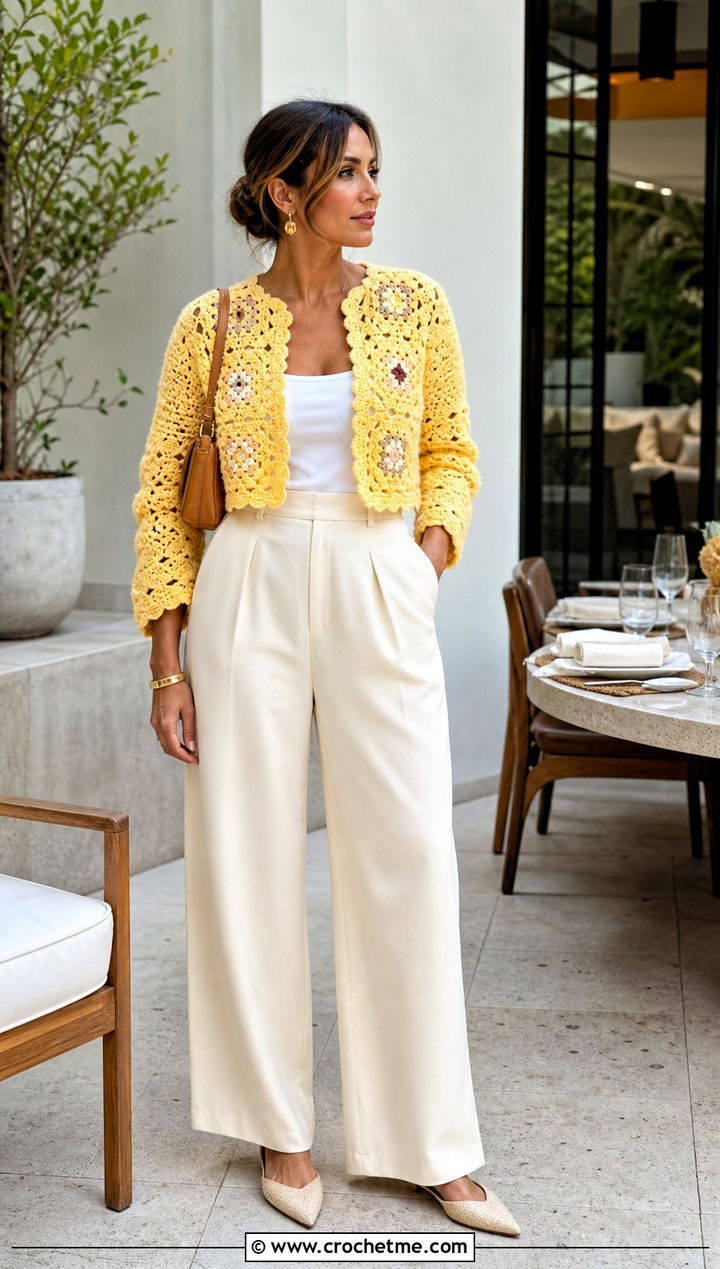 Cropped Granny Square Pullover Sweater With Wide Leg Trousers - 25 crochet granny square pullover sweater outfit ideas