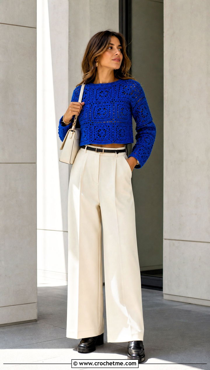 Cropped Granny Square Pullover Sweater With Wide Leg Trousers - 35 Granny Square Pullover Sweater outfit ideas