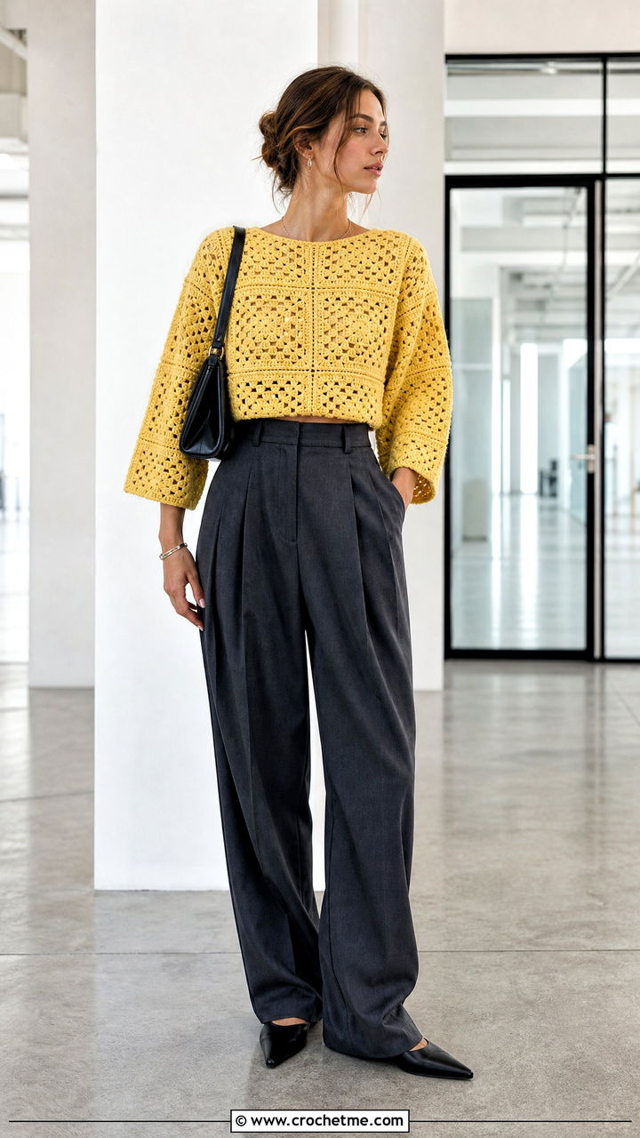 Cropped Granny Square Pullover With High Waisted Trousers - 35 crochet granny square pullover outfit ideas