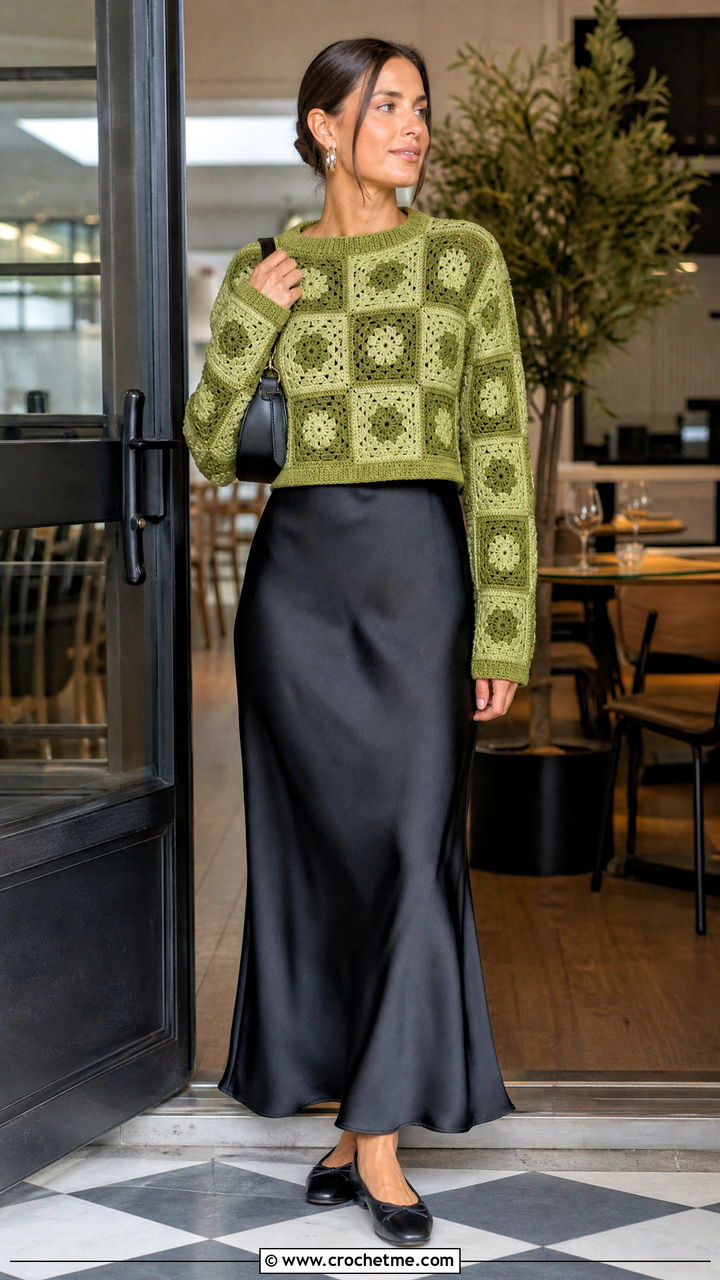 Cropped Granny Square Pullover With Slip Dress - 35 crochet granny square pullover outfit ideas