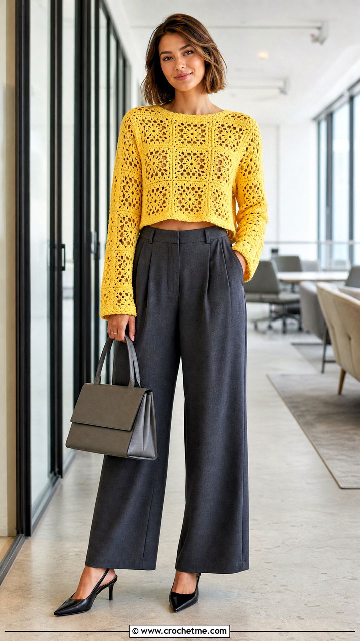 Cropped Granny Square Pullover With Wide Leg Trousers - 35 granny square pullover outfit ideas