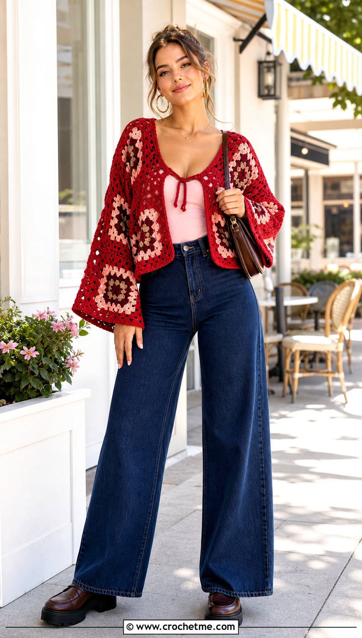Cropped Granny Square Ruana With Wide Leg Jeans - 25 Granny Square Ruana outfit ideas