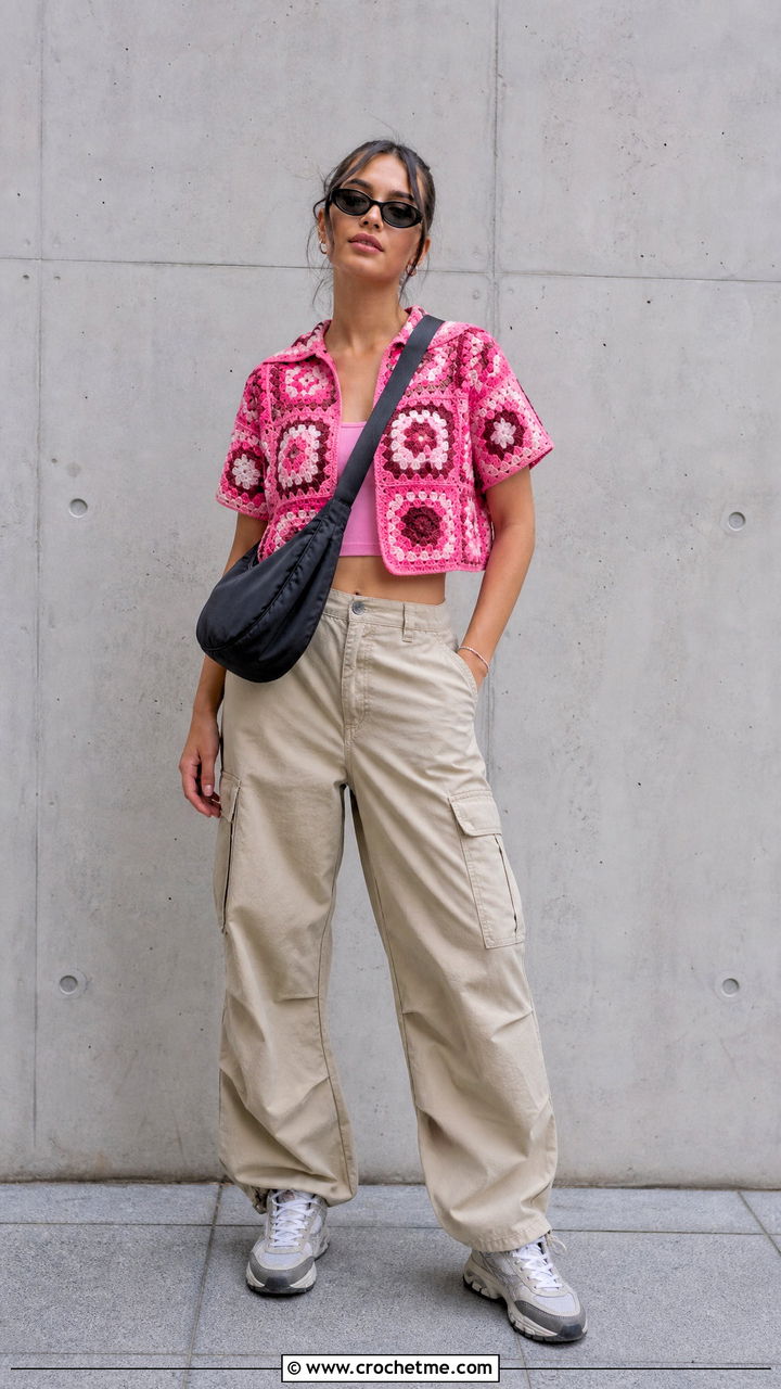 Cropped Granny Square Shirt With Cargo Pants - 35 granny square shirt outfit ideas
