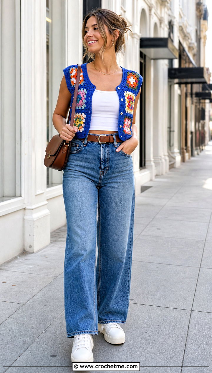 Cropped Granny Square Sleeveless Cardigan With Wide Leg Jeans - 30 granny square sleeveless cardigan outfit ideas