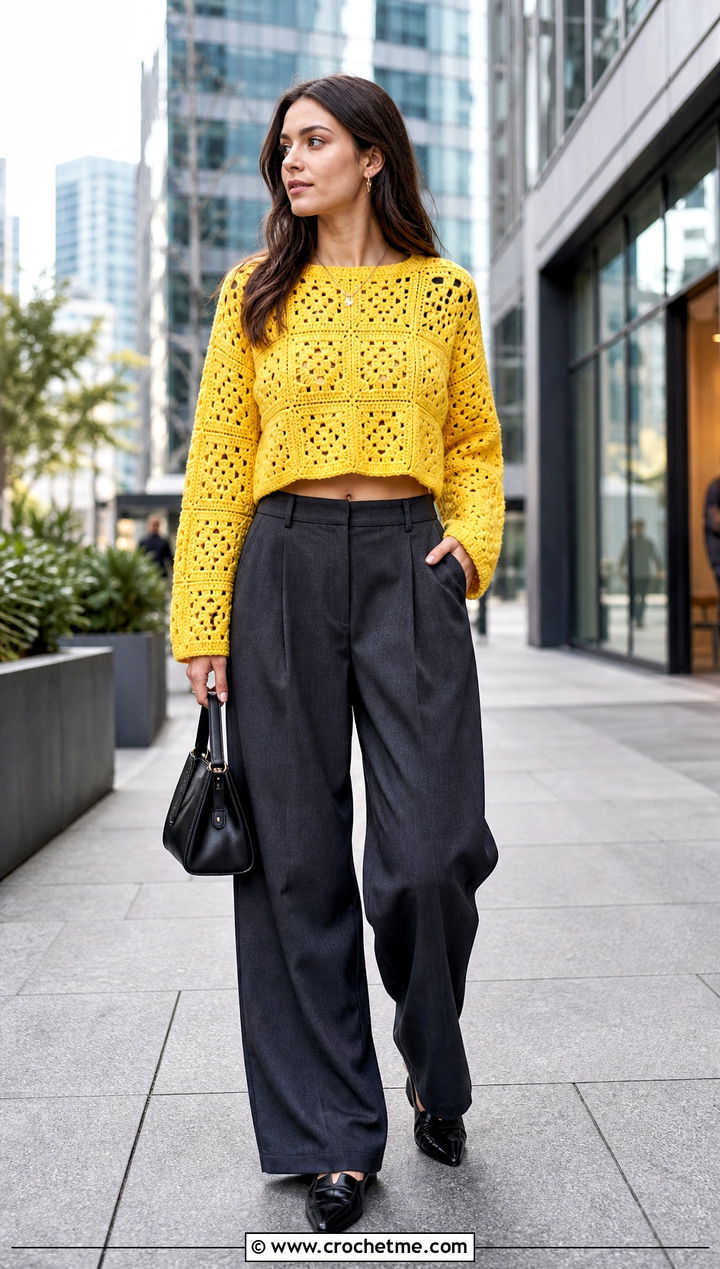 Cropped Granny Square Stitch Sweater With Wide Leg Trousers - 25 granny square stitch sweater outfit ideas