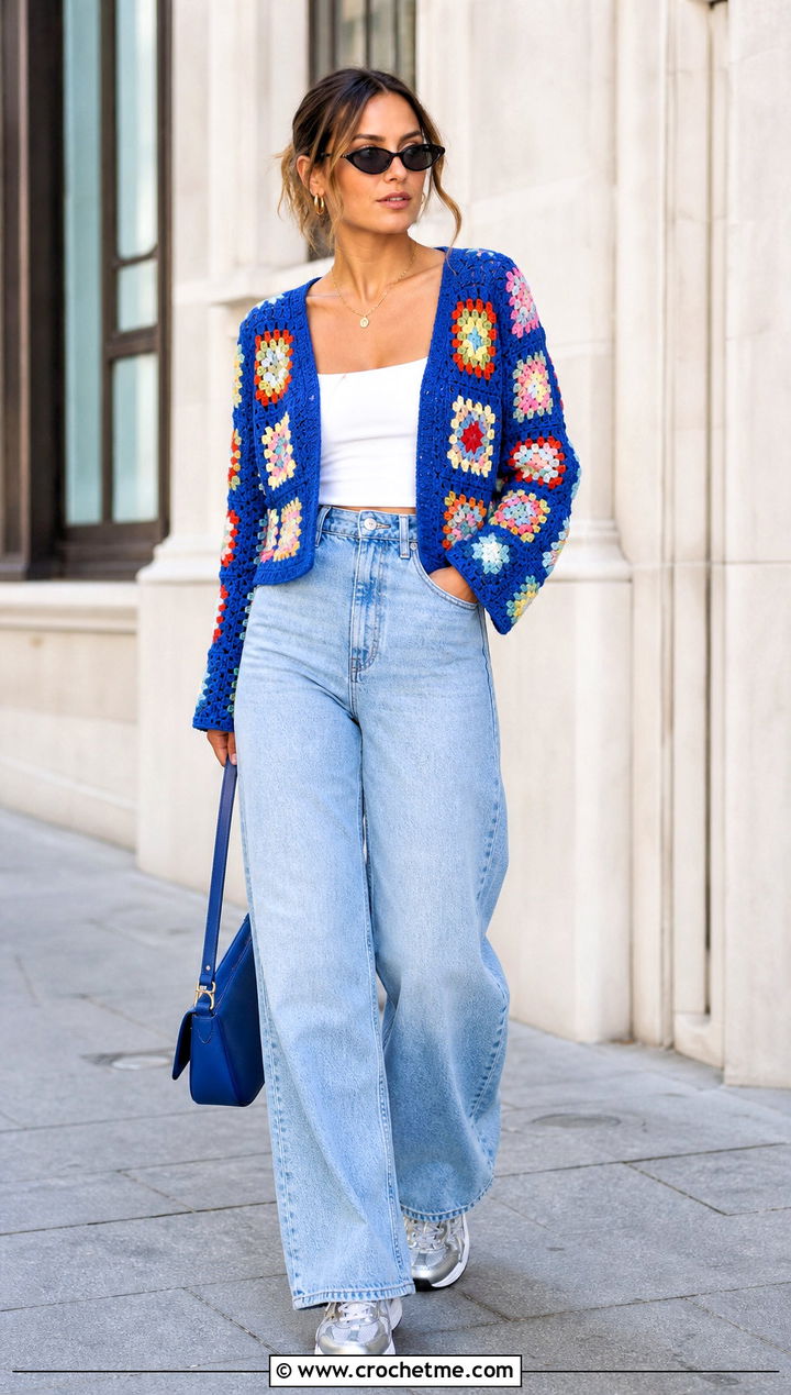 Cropped Granny Square Summer Cardigan With Wide Leg Jeans - 30 granny square summer cardigan outfit ideas