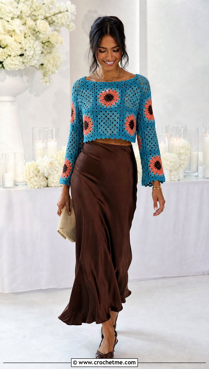 Cropped Granny Square Sunflower Sweater With Slip Skirt - 35 crochet sunflower sweater outfit ideas