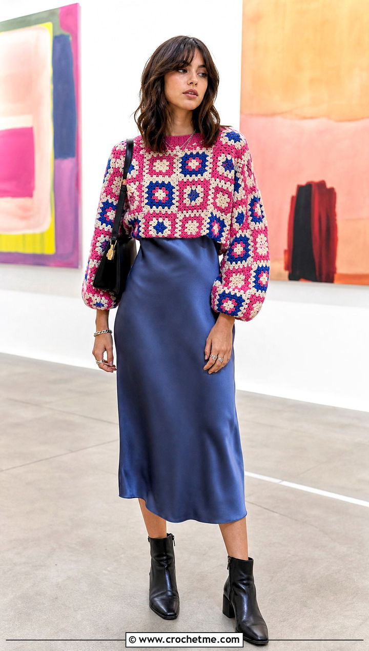 Cropped Granny Square Sweater Over Slip Dress - 25 taylor swift crochet sweater outfit ideas