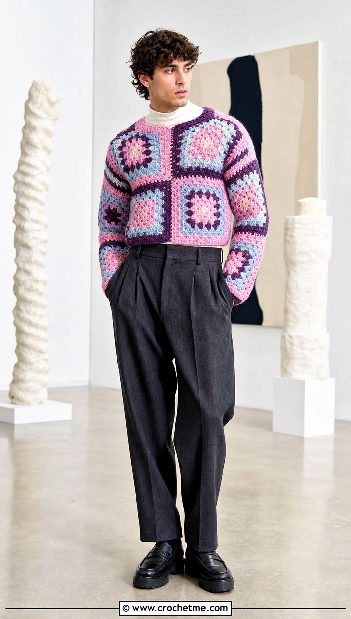 Cropped Granny Square Sweater With High Rise Trousers - 25 Crochet Granny Square Sweater For Men outfit ideas