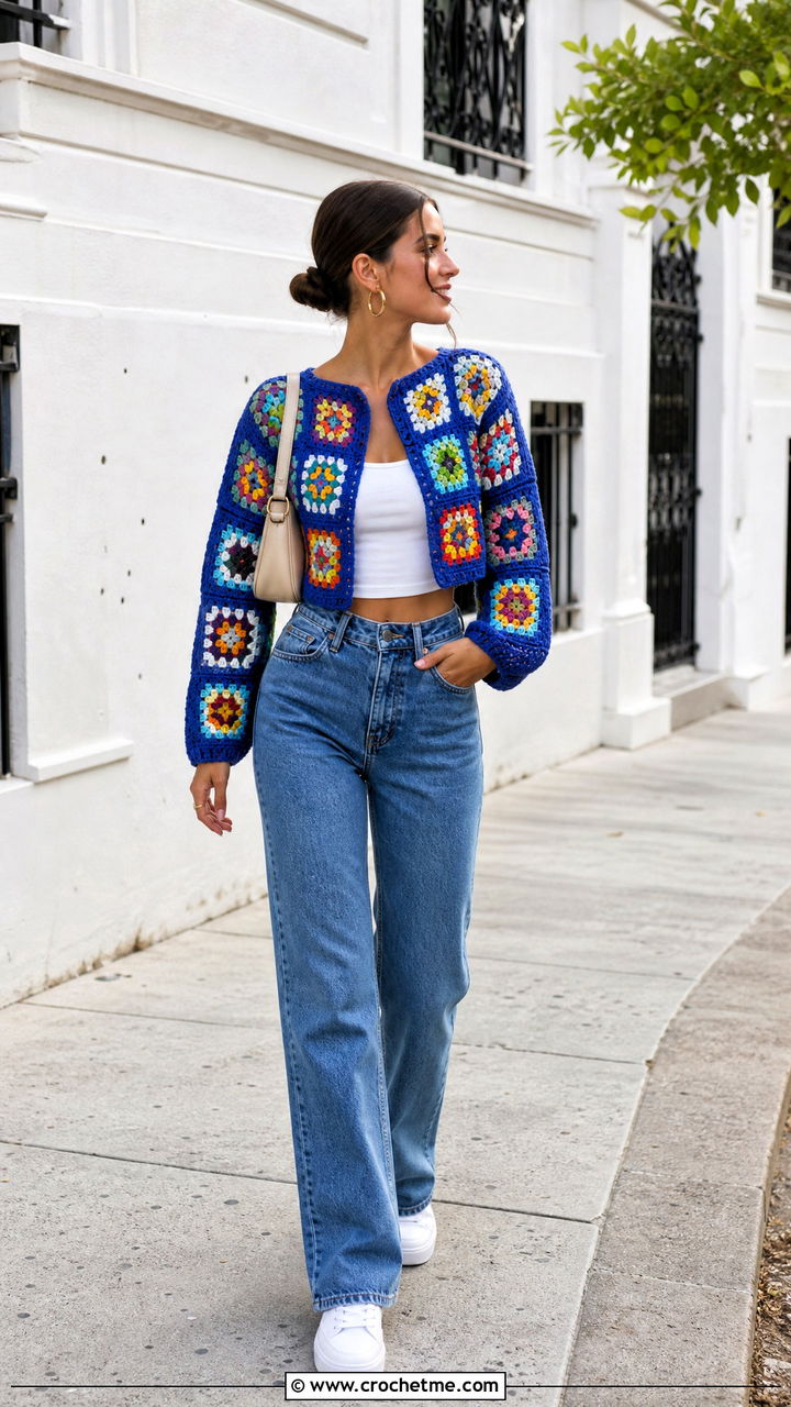 Cropped Granny Square Sweater With High Waisted Jeans - 35 granny square sweater outfit ideas