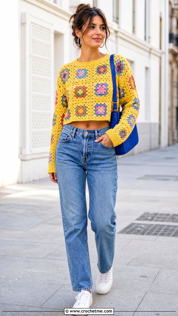 Cropped Granny Square Sweater With High Waisted Jeans - 35 crochet granny square sweater outfit ideas