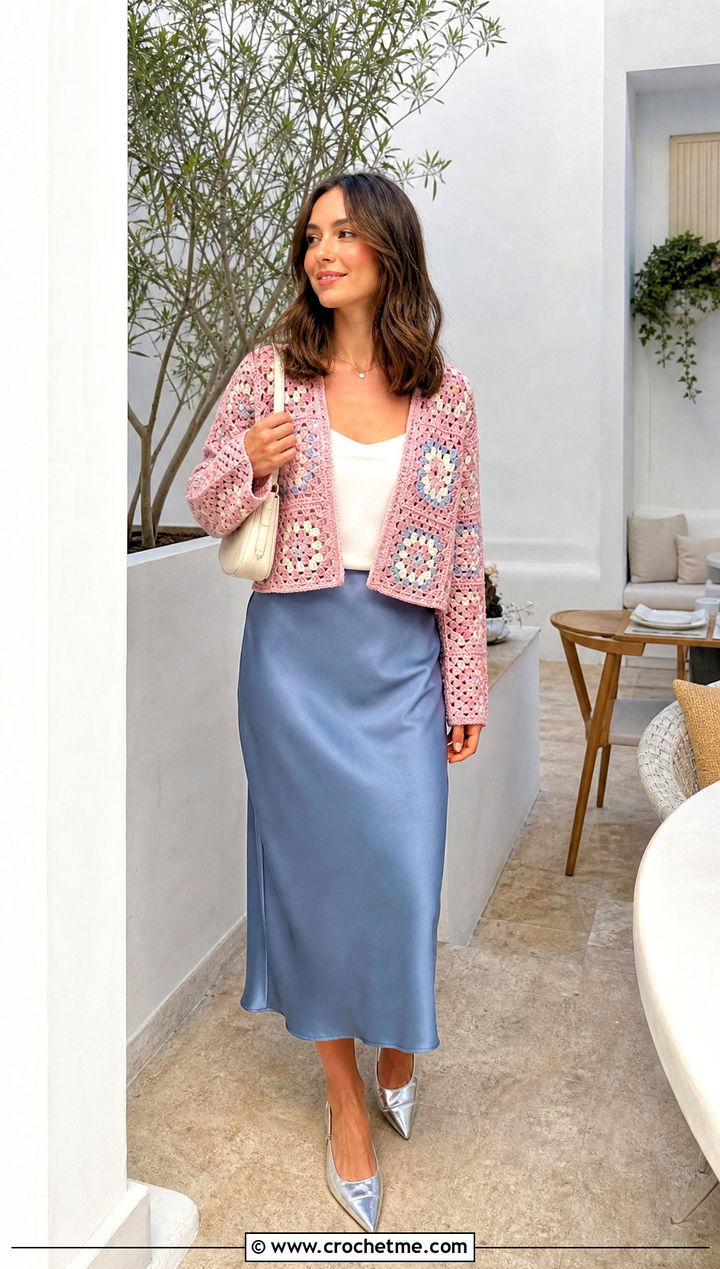 Cropped Granny Square Sweater With Satin Midi Skirt - 25 Square Crochet Sweater outfit ideas