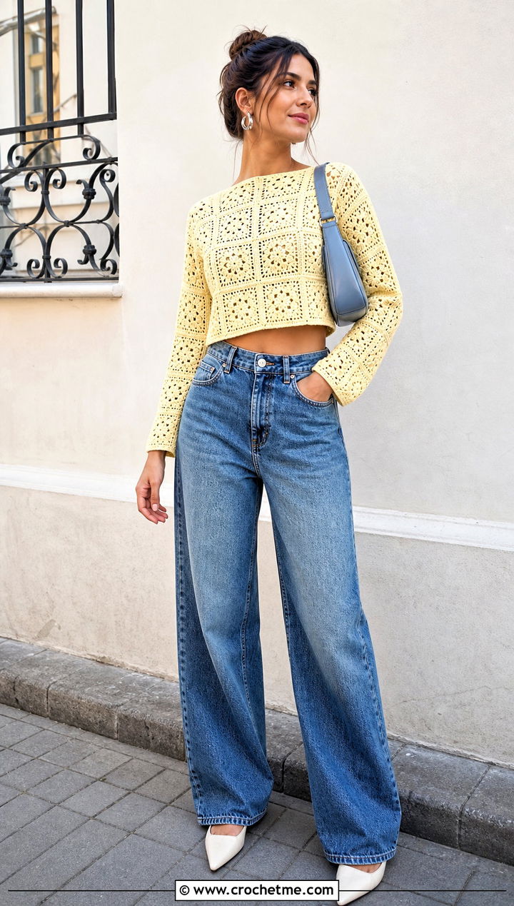 Cropped Granny Square Sweater With Wide Leg Jeans - 30 crochet sweater with granny squares outfit ideas