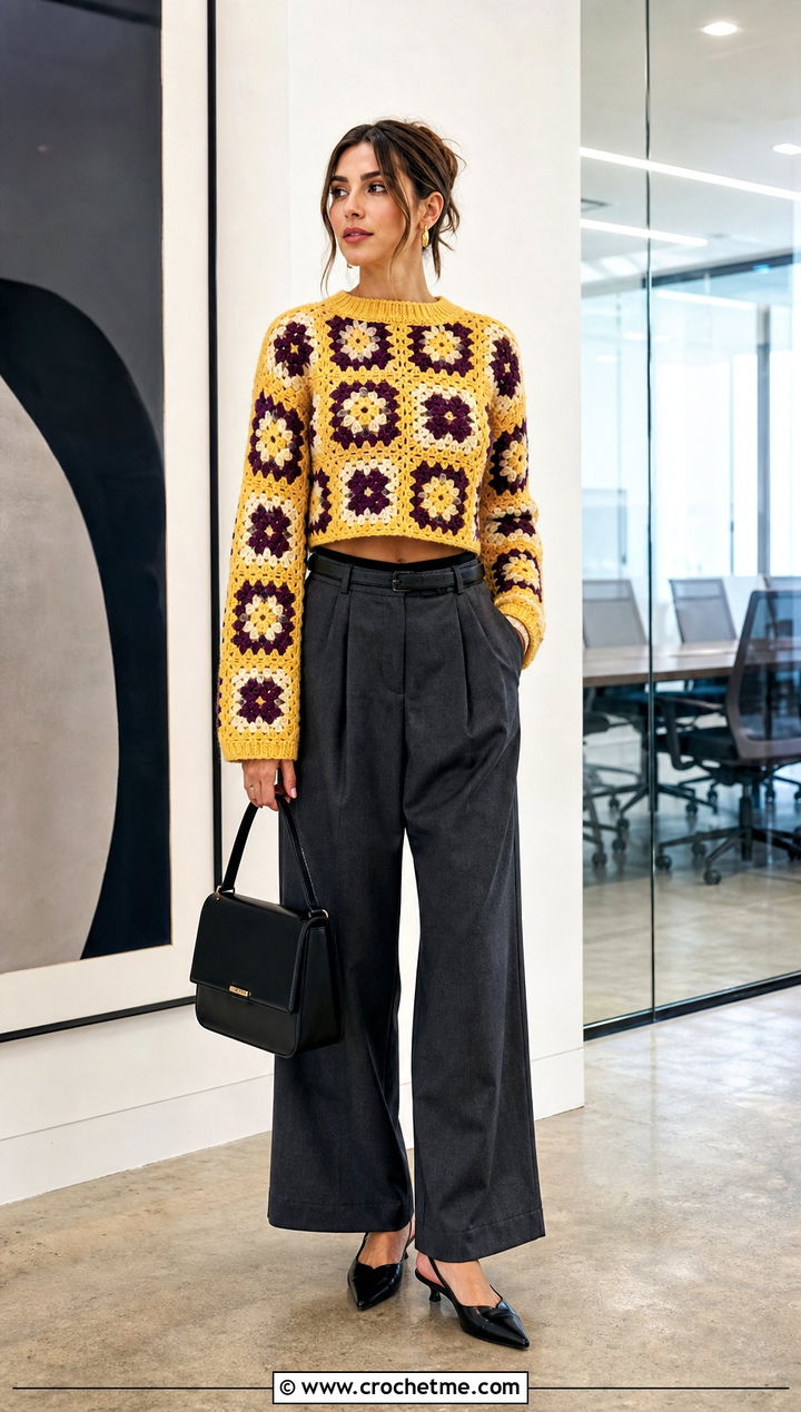 Cropped Granny Square Sweater With Wide Leg Trousers - 25 Granny Squares Sweater outfit ideas