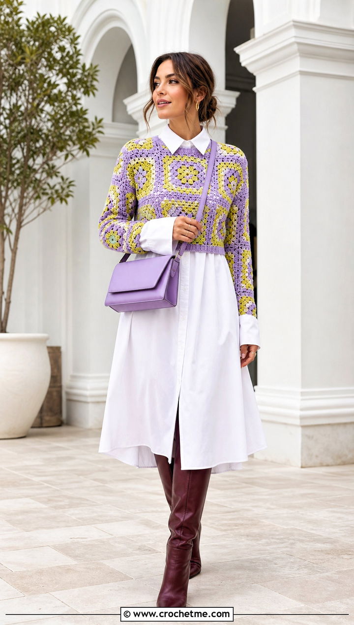 Cropped Granny Square Sweater With a Shirt Dress - 30 crochet block sweater outfit ideas