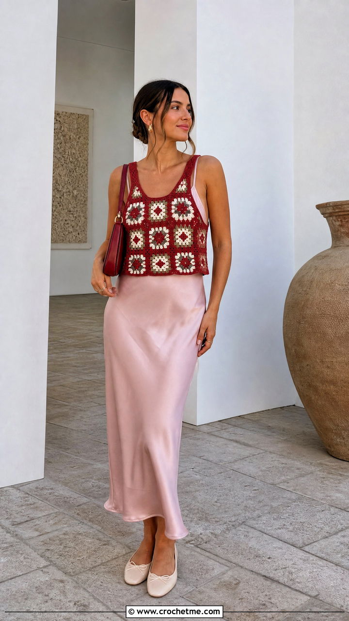 Cropped Granny Square Tank Top Over A Slip Dress - 35 granny square tank top outfit ideas