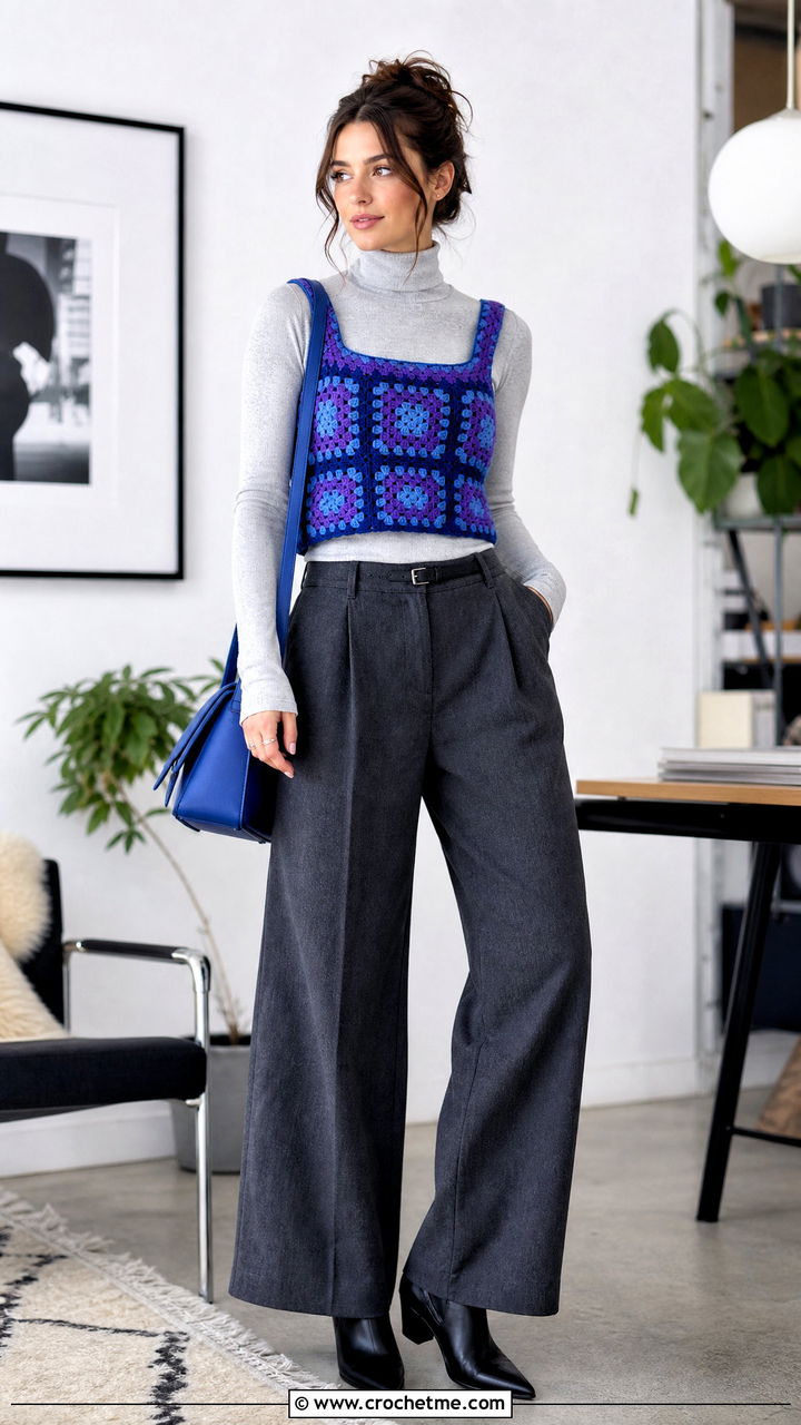 Cropped Granny Square Tank Top Over A Turtleneck - 35 granny square tank top outfit ideas