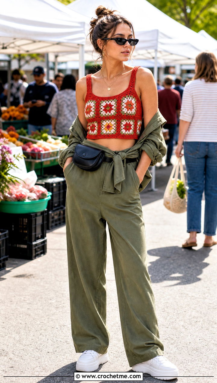 Cropped Granny Square Tank Top With Utility Jumpsuit - 25 Crochet Square Tank Top outfit ideas