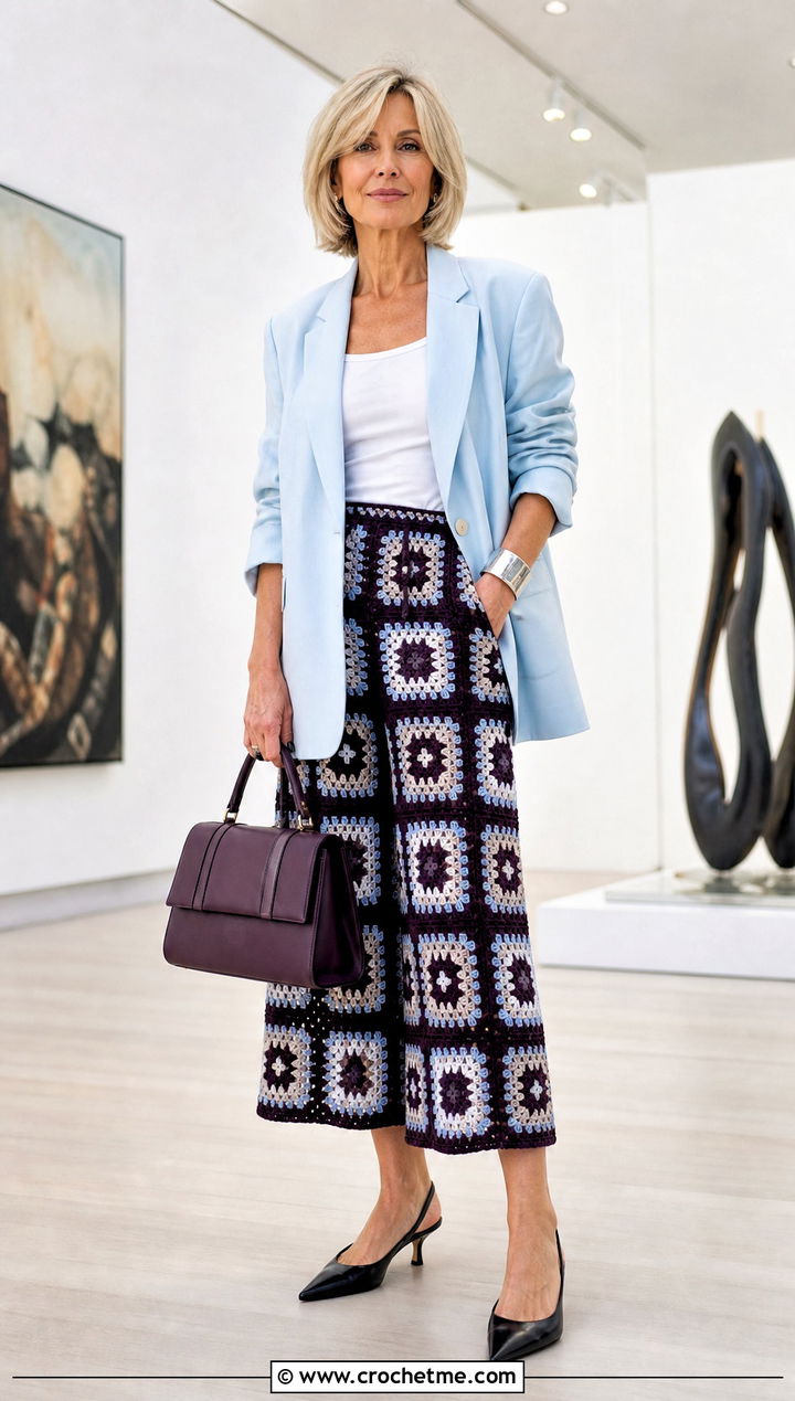 Cropped Granny Square Trousers With Oversized Blazer - 35 granny square trousers outfit ideas