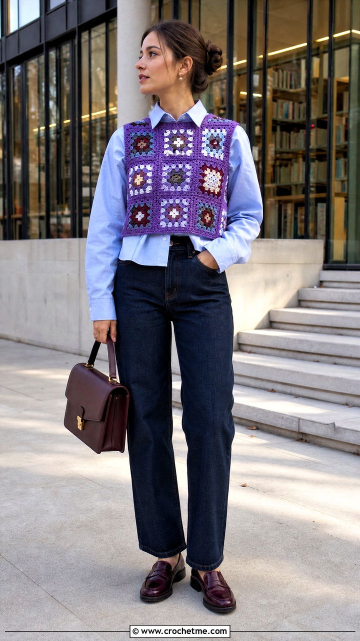Cropped Granny Square Vest Top With Oxford Shirt And Jeans - 35 crochet granny square top outfit ideas