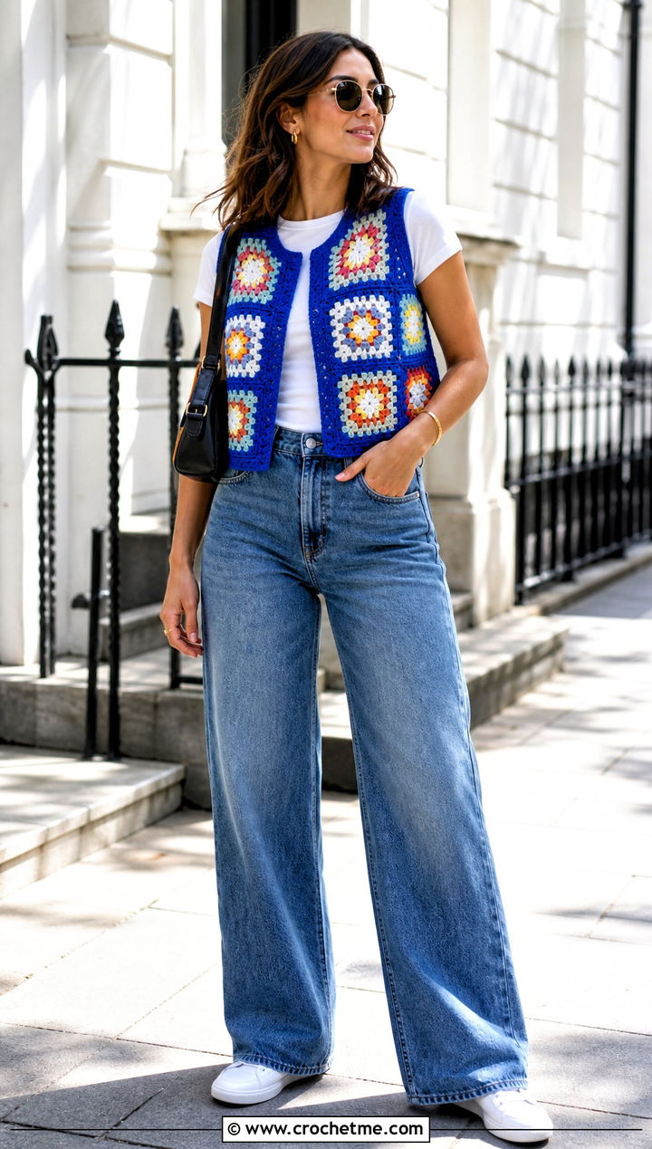 Cropped Granny Square Vest With Wide Leg Jeans - 15 Crochet Granny Square Vest outfit ideas