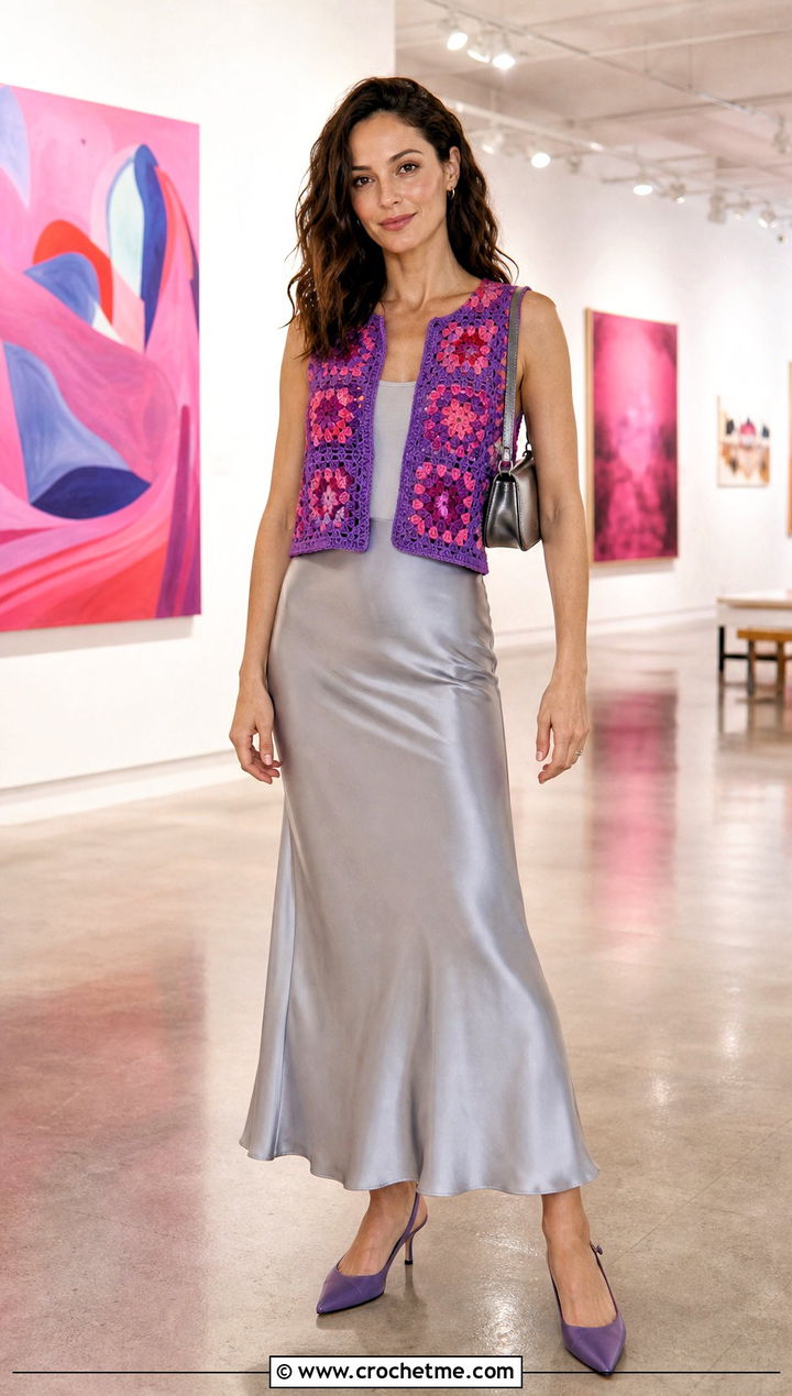 Cropped Granny Square Waistcoat With Satin Slip Skirt - 35 granny square waistcoat outfit ideas