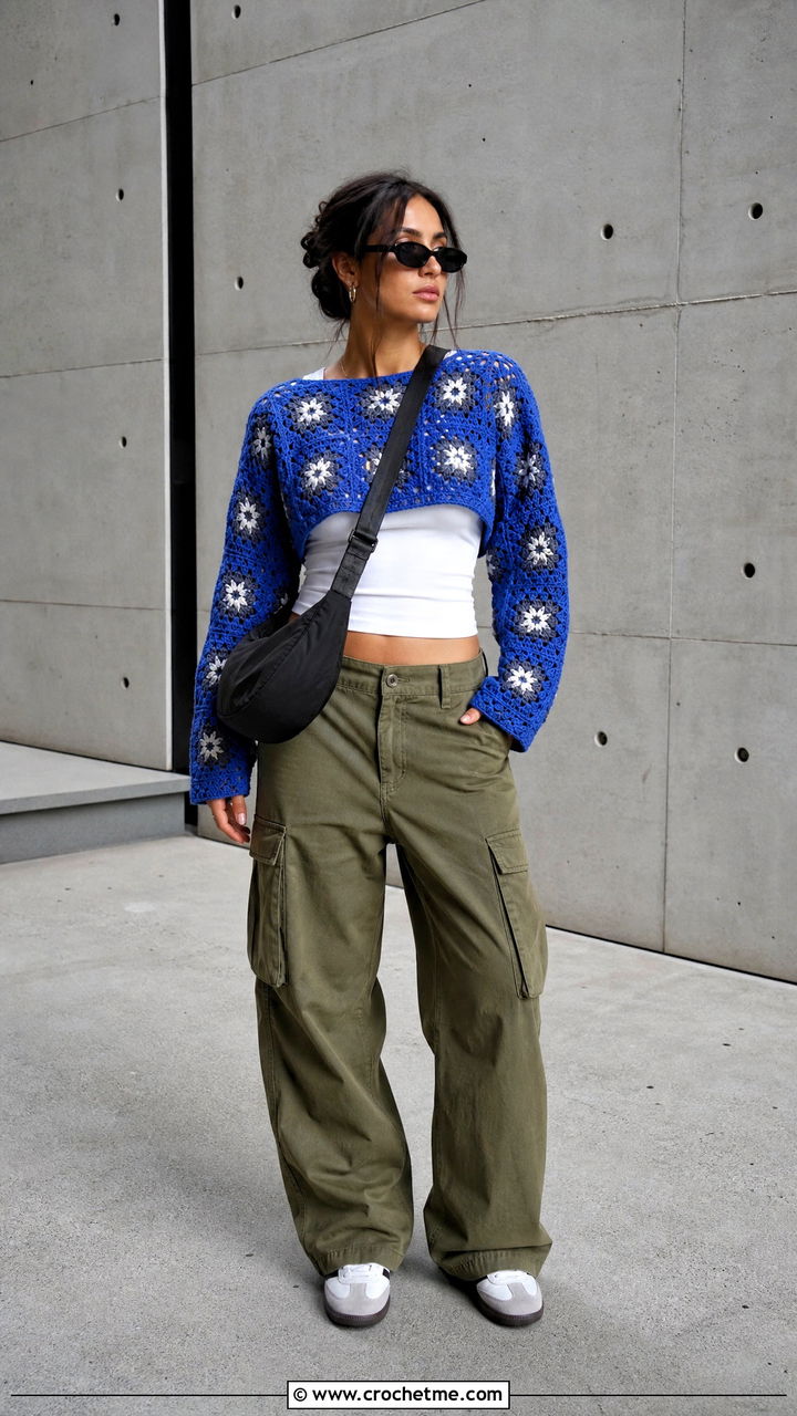 Cropped Granny Star Sweater With Cargo Pants - 35 crochet star sweater outfit ideas