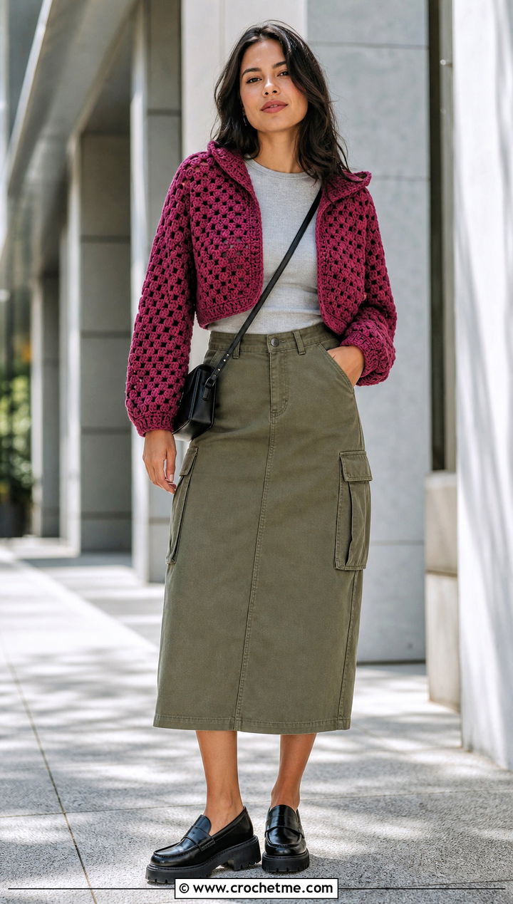 Cropped Granny Stitch Cardigan With Hood And Cargo Skirt - 25 Crochet Hexagon Cardigan With Hood outfit ideas