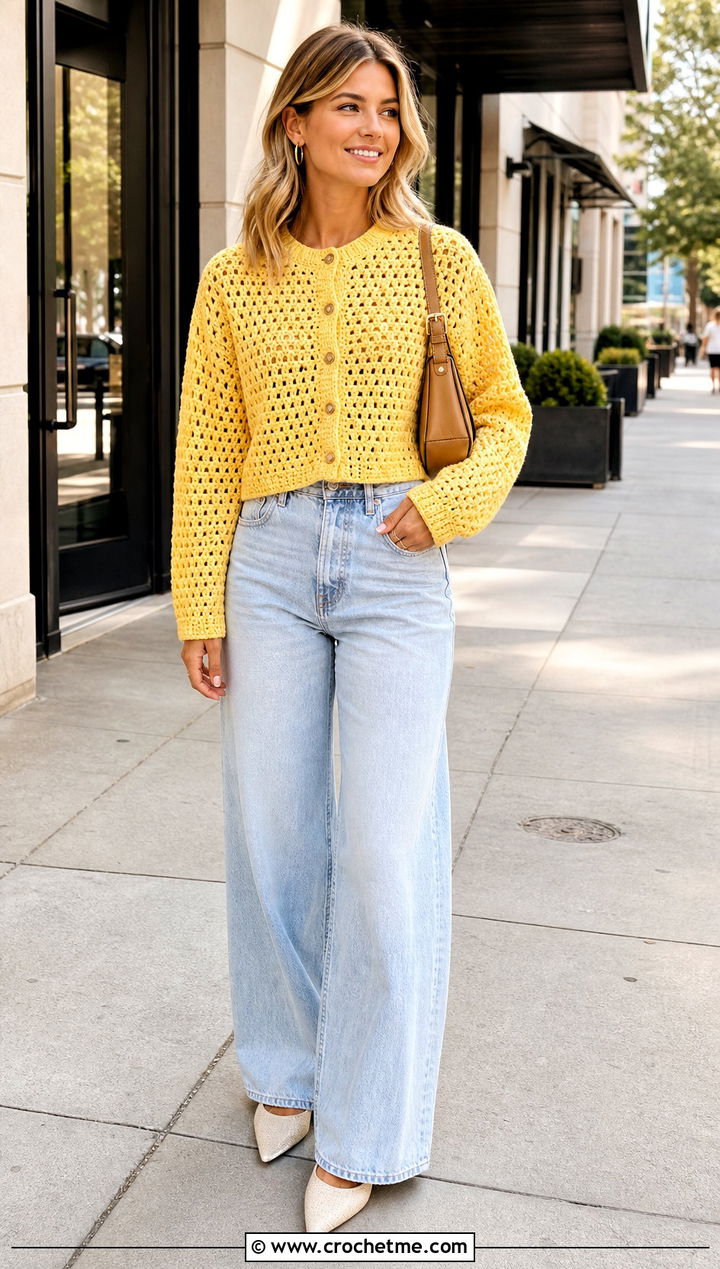Cropped Granny Stitch Crochet Button Up Cardigan With Wide Leg Jeans - 25 Crochet Button Up Cardigan outfit ideas