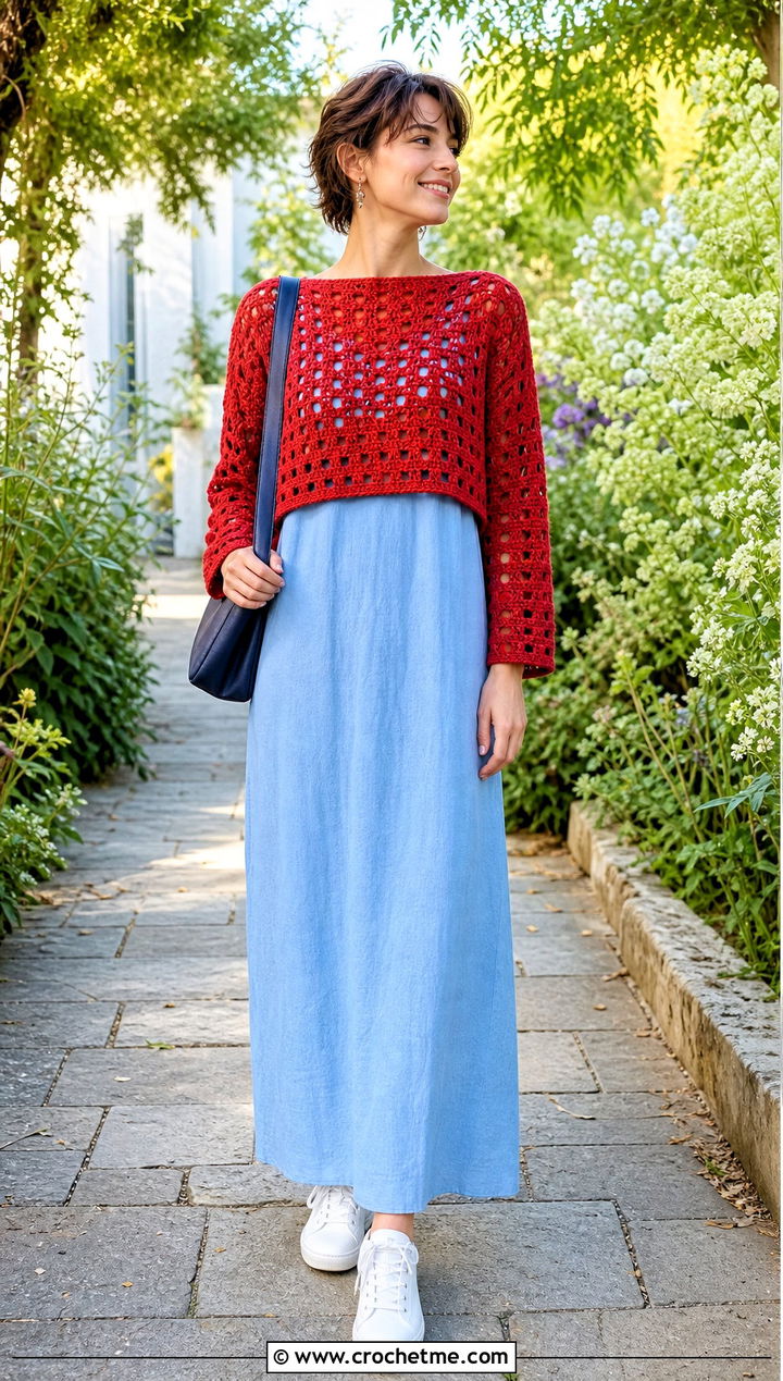 Cropped Granny Stitch Crochet Lacy Sweater With Maxi Dress - 25 crochet lacy sweater outfit ideas