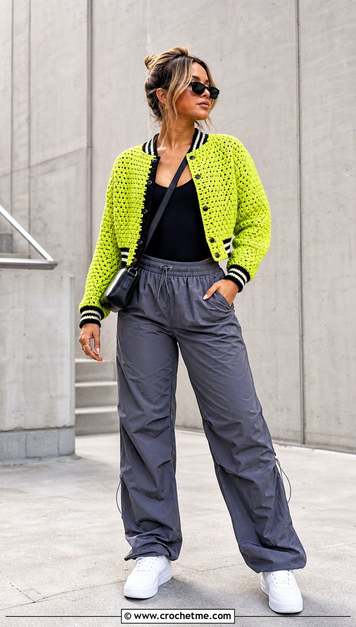 Cropped Granny Stitch Crochet Letterman Jacket With Parachute Pants - 30 crochet letterman jacket outfit ideas
