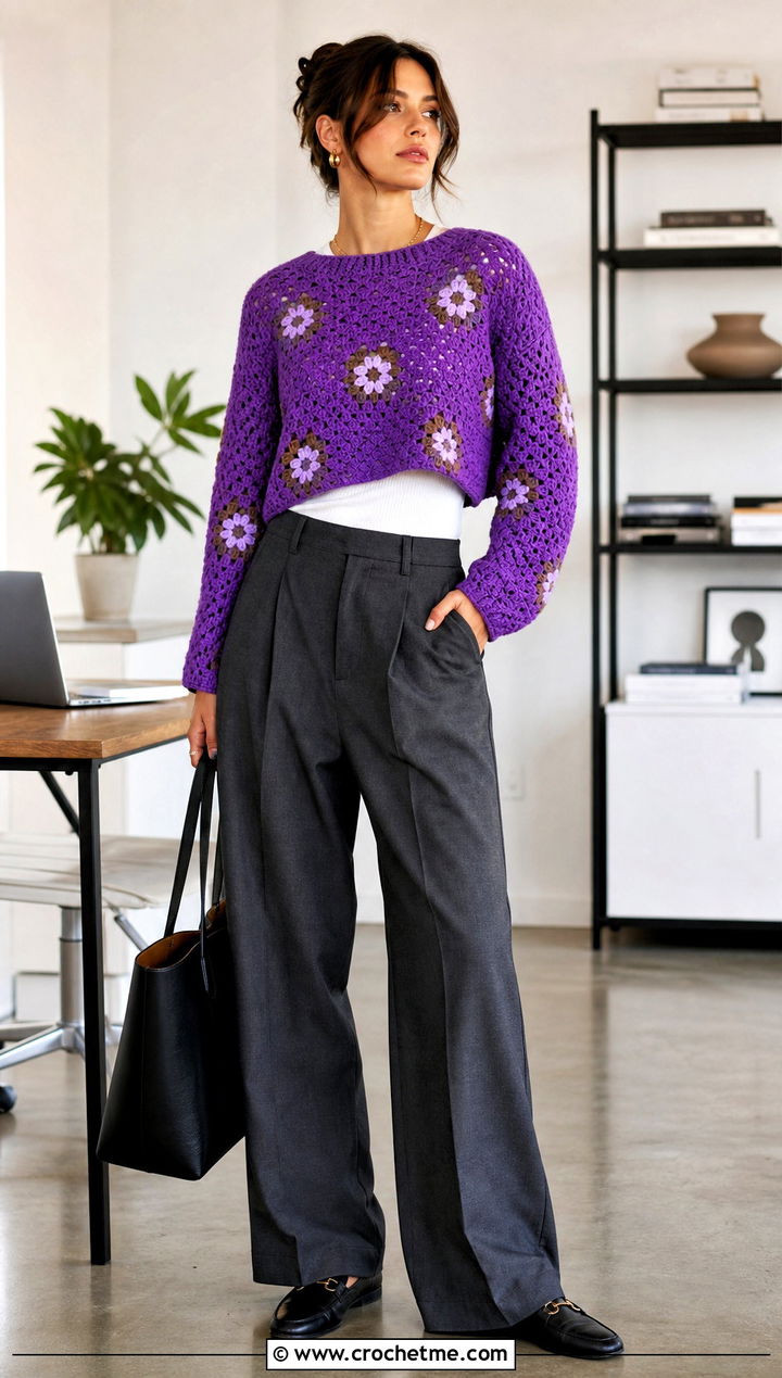 Cropped Granny Stitch Crochet Sweater With Tailored Trousers - 20 Crochet Lightweight Sweater outfit ideas