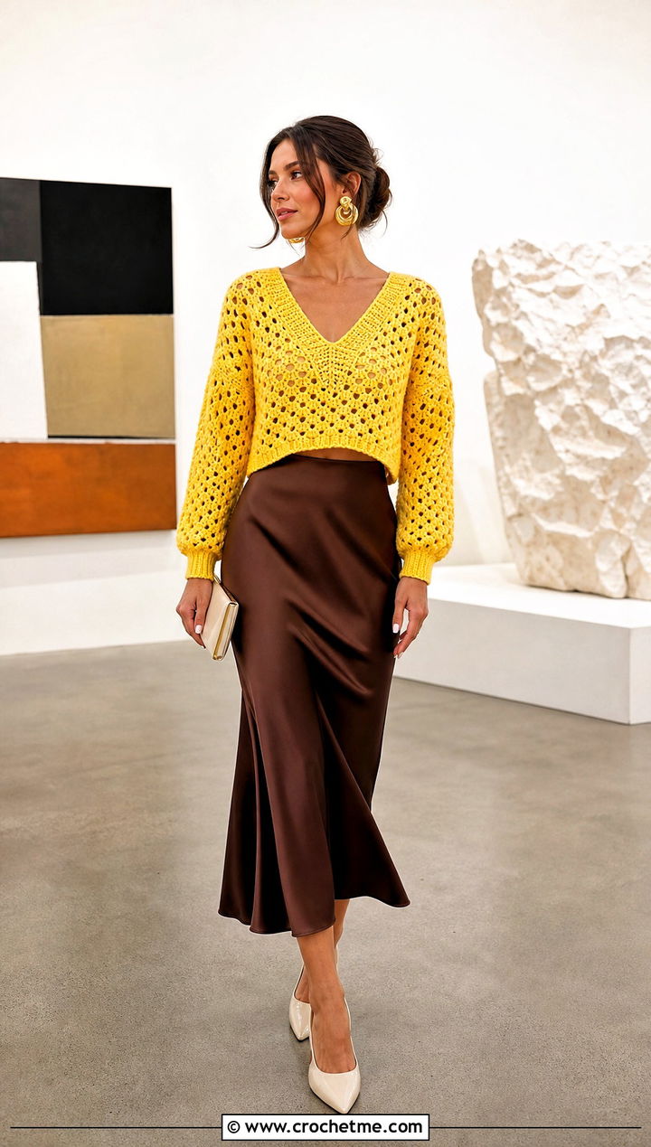 Cropped Granny Stitch Crochet V Neck Sweater With Satin Midi Skirt - 15 Crochet V Neck Sweater outfit ideas