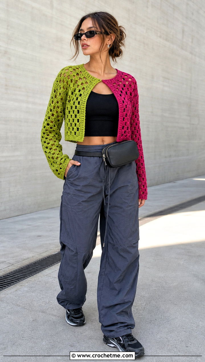 Cropped Granny Stitch Half And Half Cardigan With Parachute Pants - 20 Half And Half Crochet Cardigan outfit ideas