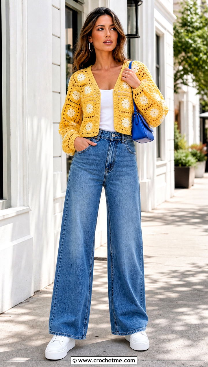 Cropped Granny Stitch Hexagon Cardigan With Wide Leg Jeans - 35 granny square hexagon cardigan outfit ideas