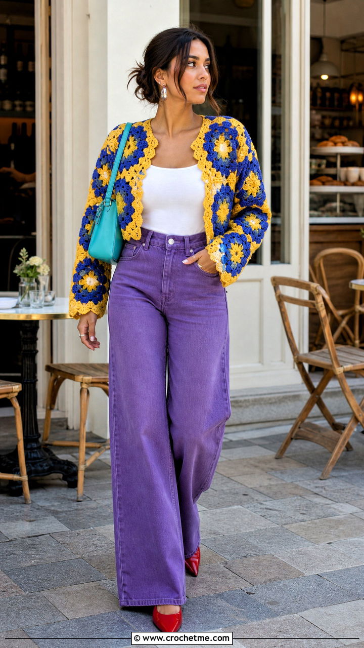 Cropped Granny Stitch Hexagon Cardigan With Wide Leg Jeans - 35 crochet hexagon cardigan outfit ideas