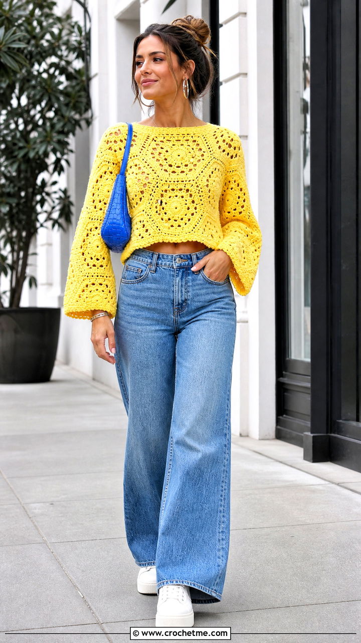 Cropped Granny Stitch Hexagon Pullover With Wide Leg Jeans - 35 crochet hexagon pullover outfit ideas