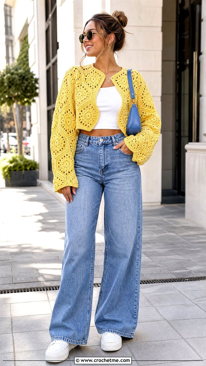 Cropped Granny Stitch Hexagon Sweater With Wide Leg Jeans - 35 crochet hexagon sweater outfit ideas