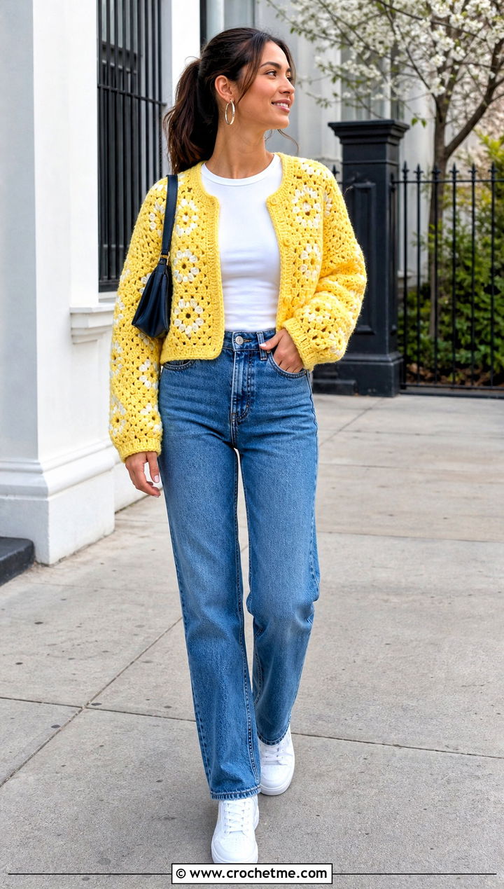 Cropped Granny Stitch Hexi Cardigan With Straight Jeans - 35 crochet hexi cardigan outfit ideas