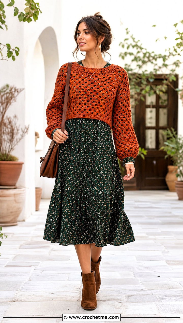 Cropped Granny Stitch Sweater With Floral Midi Dress - 25 90s crochet sweater outfit ideas