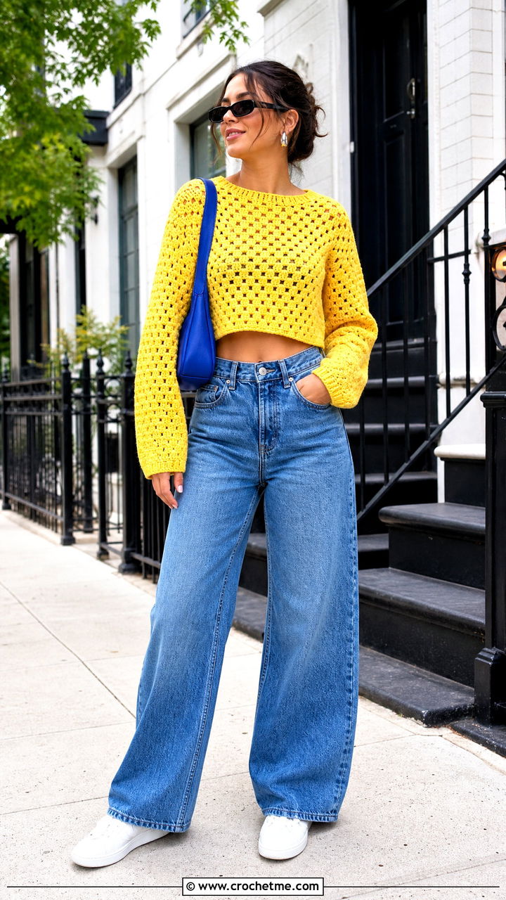 Cropped Granny Stitch Sweater With Wide Leg Jeans - 35 crochet granny stitch sweater outfit ideas