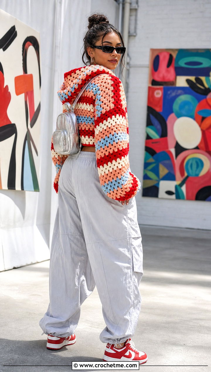 Cropped Granny Stripe Chunky Crochet Hoodie With Parachute Pants - 25 crochet chunky hoodie outfit ideas