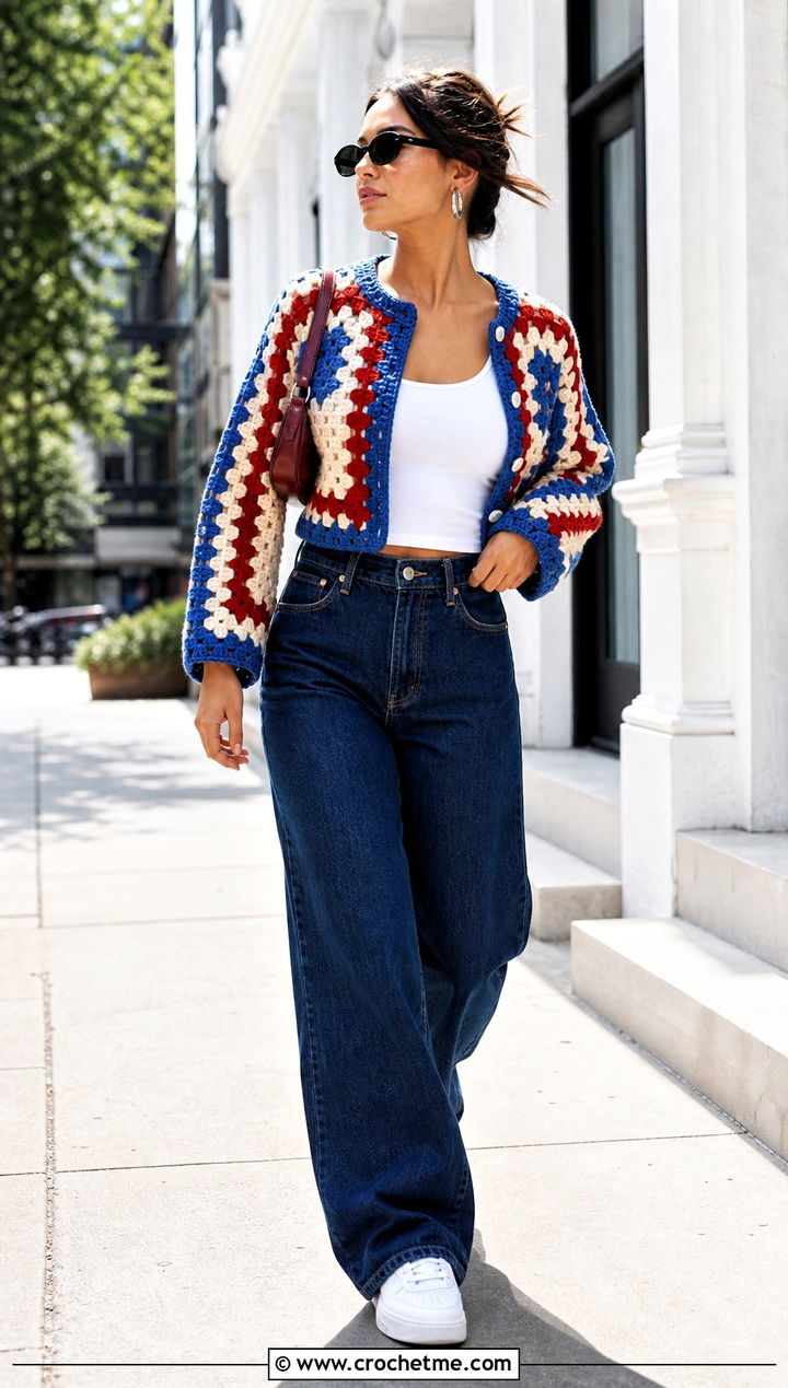 Cropped Granny Stripe Crochet Cardigan With Wide Leg Jeans - 25 striped crochet cardigan outfit ideas