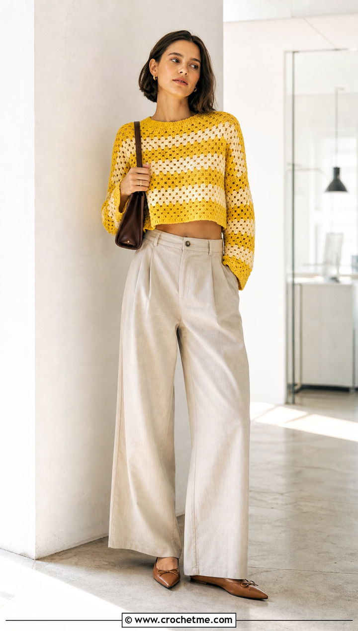 Cropped Granny Stripe Crochet Sweater With Wide Leg Trousers - 25 Granny Stripe Crochet Sweater outfit ideas