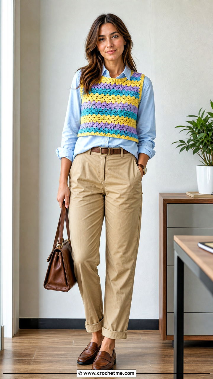 Cropped Granny Stripe Crochet Vest With Chinos - 35 boho crochet vest outfit ideas