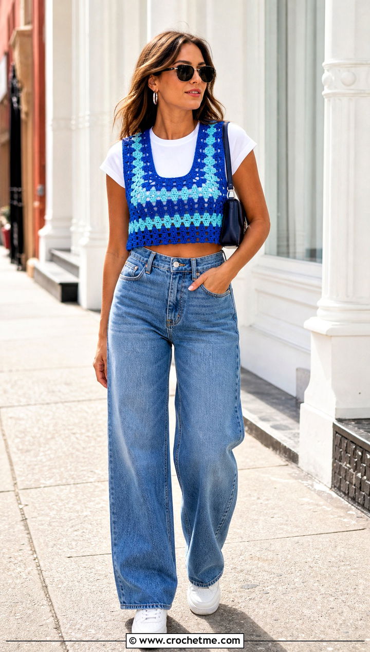 Cropped Granny Stripe Crochet Vest With Wide Leg Jeans - 15 granny stripe crochet vest outfit ideas