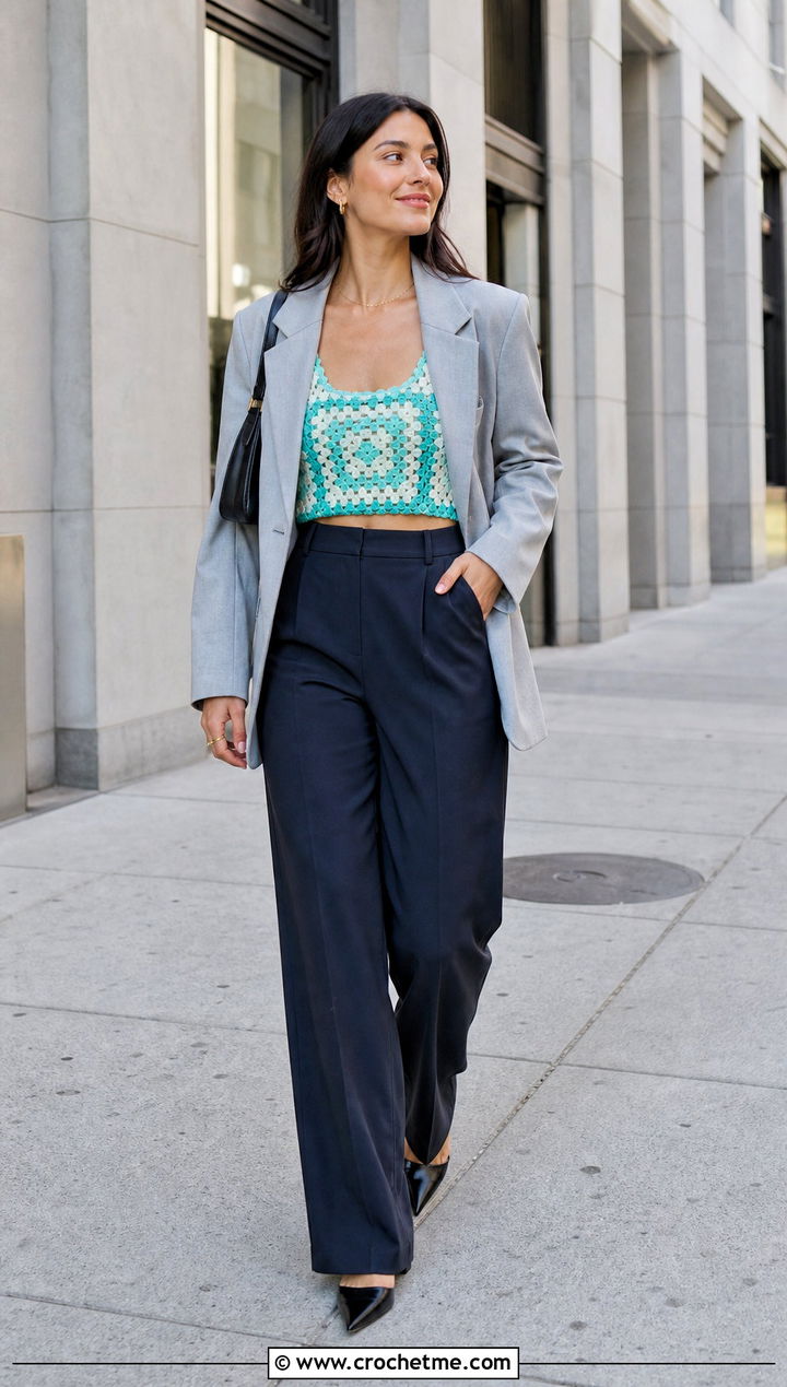 Cropped Granny Tank Top With Oversized Blazer - 25 crochet granny tank top outfit ideas