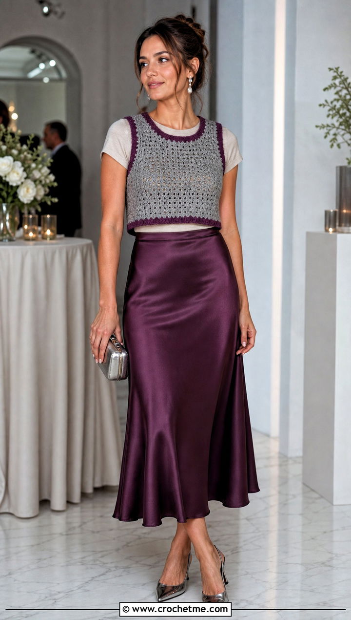 Cropped Gray Crochet Sweater Vest With Satin Midi Skirt - 15 Gray Crochet Sweater Vest outfit ideas